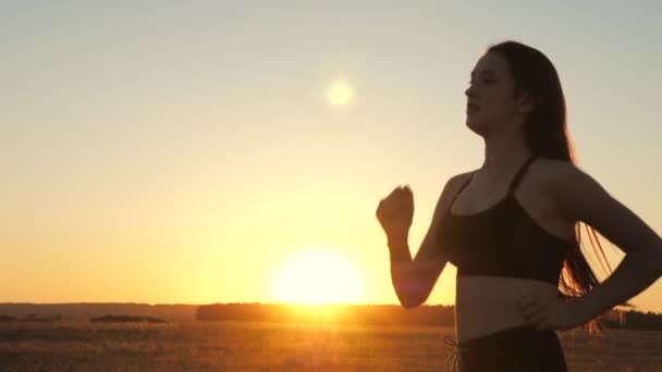 Gratis jonge vrouw loopt in het zomerpark bij zonsondergang. Op zoek naar de zon. Training joggen. Een gezond mooi meisje is bezig met fitness, joggen in het land in de zon. Jogger meisje ademt frisse lucht op het veld. — Stockvideo