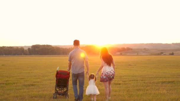 Família feliz, criança brinca com o pai e a mãe no campo à luz do sol. Pequena filha brinca e pula de mãos dadas de pai e mãe no parque ao pôr-do-sol. Caminhando com uma criança pequena na natureza, carrinho de bebê — Vídeo de Stock