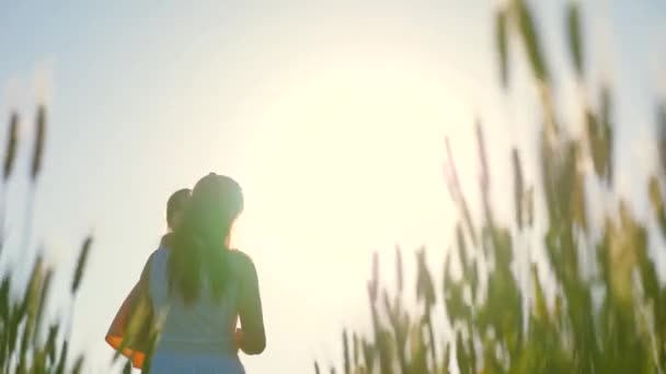 Mãe e filhinha estão andando em um campo de trigo verde, abraçando e beijando. Uma criança e mãe estão andando no campo de trigo. Feliz viagem em família. O bebé está nos braços das mães. Mulher agricultora e criança no campo — Vídeo de Stock