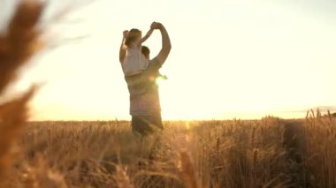 Mutlu kız, çocuk, baba olgunlaşan buğday tarlasında oynuyorlar. Mutlu aile ve tasasız çocukluk. Baba omuzlarında küçük bir çocuk. Bebek ve babası sahada seyahat ediyor. Çocuk ve ebeveyn oyunu