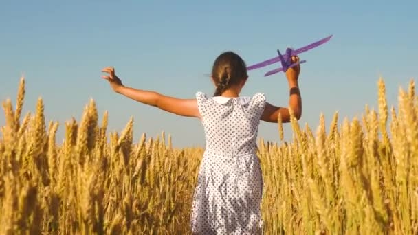 Fata fericită aleargă cu un avion de jucărie pe un câmp de grâu sub un cer albastru. Copiii joacă un avion de jucărie. Adolescentul visează să zboare și să devină pilot. Fata vrea să devină pilot și astronaut — Videoclip de stoc