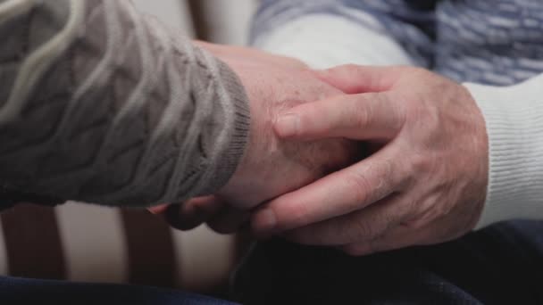 Glada gamla par som håller varandra i handen. Vackra Semnygy skott. Närbild av händerna på vackra äldre par vårda och älska varandra. Upprätthålla förtroendet för ert äktenskap. Hälso- och sjukvård. — Stockvideo