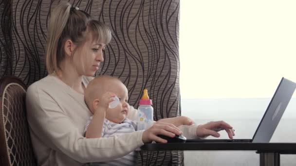 Freiberufliche Frau mit Säugling. Geschäftsfrau arbeitet zu Hause am Laptop, Kleinkind am Tisch. Die Mutter arbeitet mit dem Kind am Computer. Das Kind sitzt bei seiner Mutter, trinkt, isst aus einer Babyflasche. — Stockvideo
