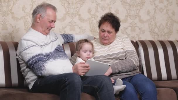 Παππού, η γιαγιά παίζει με το νήπιο μαζί στο μοντέρνο gadget στο δωμάτιο. Παιδί μου, το κορίτσι δείχνει κάτι στους παππούδες. Ένα ηλικιωμένο ζευγάρι με εγγονή χρησιμοποιούν το tablet online — Αρχείο Βίντεο