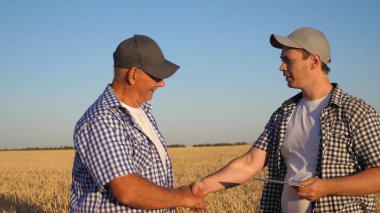 Modern tabletli çiftçi ve iş adamı, sahada takım çalışması. Tarımcı ve çiftçi ellerinde bir buğday tanesi tutuyor. Tahıl toplama. İş adamları el sıkışıyor, katılıyorum..