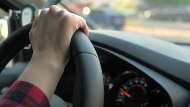 Mujer libre, hombre, viajando en coche. Una mujer conduciendo un coche. Mano de conductor femenina en el volante de un coche. Conductora girando el volante en el coche. Taxi en la ciudad. Conducir alrededor del asentamiento — Vídeo de stock