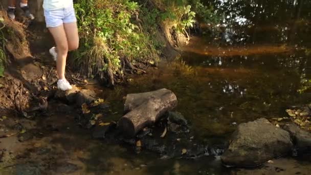 De jeunes voyageurs traversent la rivière sur des pierres. Travail d'équipe, randonnée. Des touristes gratuites traversent la rivière. Randonnée dans la forêt avec un sac à dos. Mode de vie sain, aventure. Soif de voyage. — Video