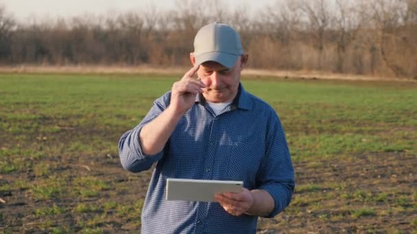 Agricultor trabalha no campo na primavera com tablet. Um agricultor idoso olha para tablet e brotos verdes. Um agrônomo inteligente, com tablet nas mãos, verifica o campo. Agricultura respeitadora do ambiente — Vídeo de Stock