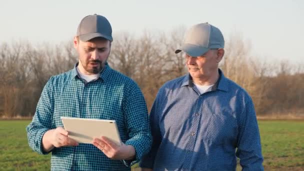 현대식 점토 판을 사용하는 두 농부 가 밭에서 일하고 있습니다. 한 사업가 와한 농학자 가 들에서 농작물의 묘목을 연구하고 있다. 사업을 하는 사람들 이 팀워크. 농업 개념. 영리 한 농업 기술. — 비디오
