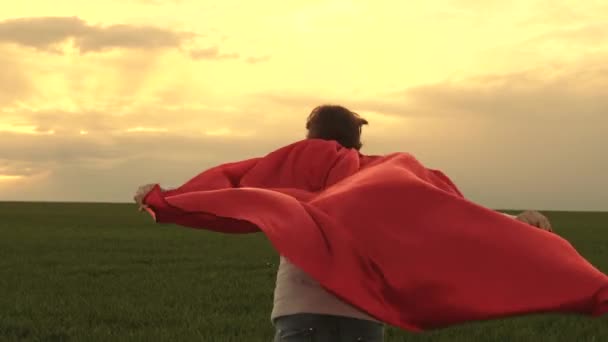 Una ragazza felice che interpreta un supereroe corre attraverso un campo verde in un mantello rosso, con un mantello svolazzante nel vento. Ragazza con un mantello rosso. Il bambino sta scappando. Al rallentatore. Sogni adolescenziali di diventare supereroe. — Video Stock