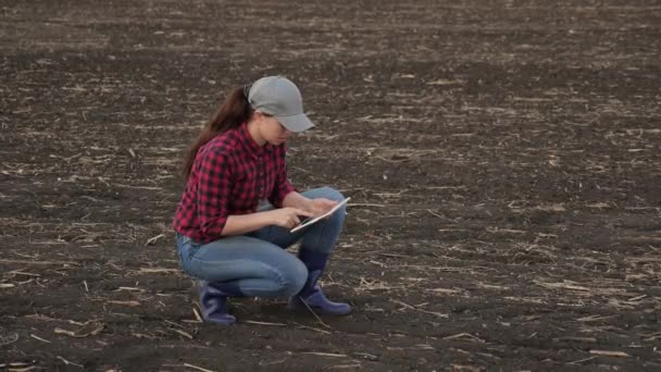 Фермер проверяет качество почвы перед посевом. Женщина-фермер с планшетом работает в поле, держа землю в руках. Девушка-агроном проверяет качество посева зерна. Деловая женщина проверяет свою коробку — стоковое видео