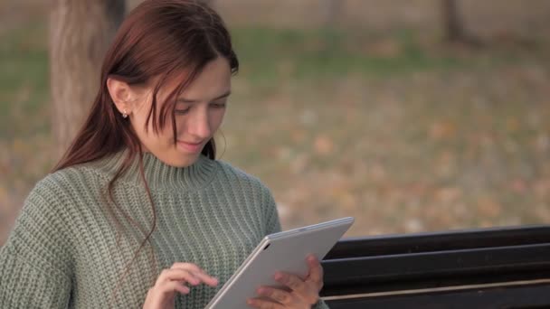 Freelancer Mädchen arbeitet im Park online. Junge Frau arbeitet mit Tablet im Park auf Bank. Ein Mädchen, das ein digitales Tablet benutzt, druckt Nachrichten auf der Straße aus. Schülerin lernt mit Tablet-Computer im Freien. — Stockvideo