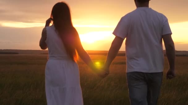 En vacker flicka och en kille går hand i hand i fält, i solen på det gröna gräset. Silhuett av man och kvinna vid solnedgången. Ett ungt par som är kära reser. Romantisk dag och kärlek i naturen. — Stockvideo