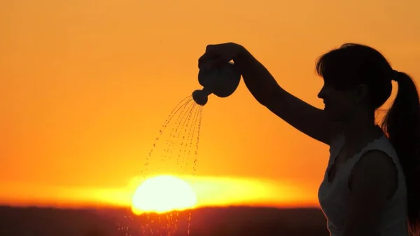 Uma mulher derrama água no sol de uma lata de rega. A menina joga derrama água ao sol. O homem cresce o sol. Jardineiro, agricultor. Nascer do sol. O conceito de vida, paz, bondade. Belo pôr do sol. — Fotografia de Stock