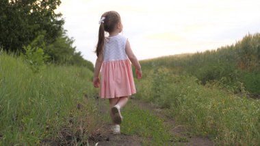 Yazın yeşil buğday tarlasında bir kız çocuğu yol boyunca koşar. Mutlu bir aile ve çocukluk. Küçük kızım sahada oynuyor. Çocukluk hayalleri. Çocuk dışarıda oynuyor. Kızım parkta oynuyor.