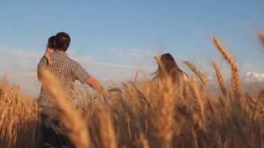 Baba ve anne çocuğu el ele yürür. Sağlıklı anne, baba ve küçük kız birlikte doğanın tadını çıkarıyorlar. Çocuklu mutlu çiftçi ailesi buğday tarlasında yürüyor. Yavaş çekim.