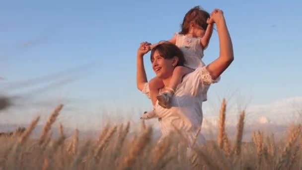 Młoda mama bawi się z córką na ramionach na polu pszenicy w promieniach zachodzącego słońca. Dziecko z rodzicem podróżuje, wychodzi na zewnątrz. Szczęśliwa rodzina odpoczywa w parku. Dzieciak przytula matkę.. — Wideo stockowe