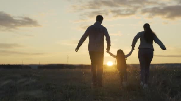 Счастливая семья бегает в парке, держась за руки летом на закате. Ама, папа и дочь играют на поле, ребенок прыгает на зеленой траве и держится за руки родителей. Командная работа. Счастливое здоровое детство — стоковое видео