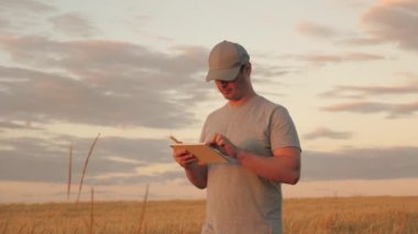 Buğday tarlasında dijital tabletle çalışan kıdemli çiftçi. Bilgisayar tabletiyle tarlada buğday mahsulünü inceleyen bir tarımcı. İş adamı tahıl hasadını ve doğurganlığı analiz ediyor. Tarım sektörü
