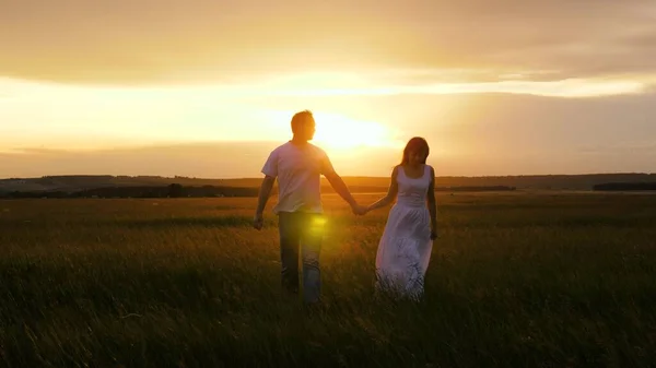 Silhueta de homem e mulher ao pôr-do-sol. Encontro romântico e amor na natureza. Uma menina bonita e um cara estão andando de mãos dadas no campo, ao sol na grama verde. Um jovem casal apaixonado está viajando. — Fotografia de Stock