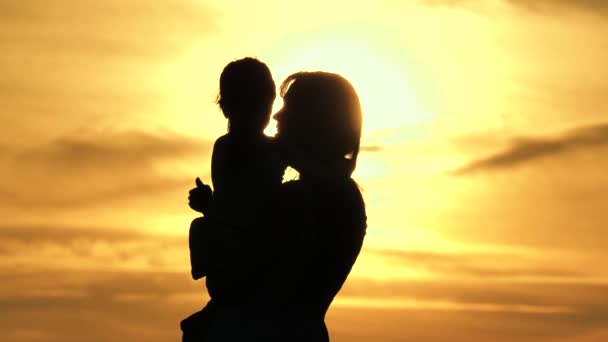Happy family mom and child, daughter are walking in park at sunset. Mom and baby, child reach out to sun. Childhood dream concept. Happy family little girl and mother walking in nature, relax, travel — Stock Video