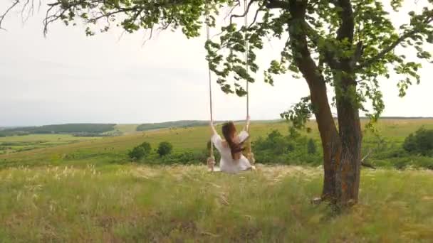 Carefree girl swinging on swing in summer park. Swinging on a swing, dreaming of flying. A young girl in dress is swinging on swing, rest and relax. Travel in spring summer in nature. Happy teenager — Stock Video