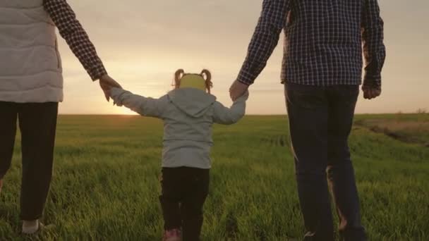 Fröhliche Familienwanderung im Park im Frühling bei Sonnenuntergang. Mama, Papa und Tochter gehen, Händchen haltend, Kind hüpft auf dem grünen Gras. Glückliche gesunde Kindheit. Familienwochenende — Stockvideo