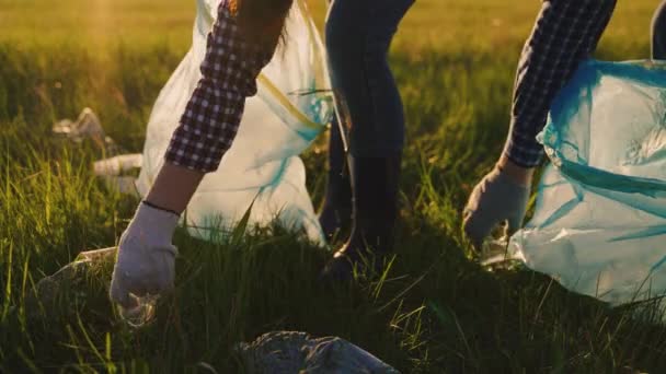 Ludzie zajmują się czyszczeniem plastikowych śmieci w parku na trawie. Ręka robotnika podnosi plastikową butelkę z trawy do alugi. Planeta przyjazna środowisku. Zanieczyszczenie przyrody przez człowieka — Wideo stockowe