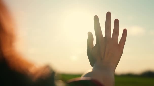 Mädchen streckt verträumt ihre Hand in die Sonne, Sonnenstrahlen scheinen durch ihre Finger. Hand eines glücklichen Mädchens greift nach Sonne. Sonnenuntergang zwischen Mädchenhänden. Die Hand der Kinder träumt zur Sonne. Glückliches Familienkonzept — Stockvideo