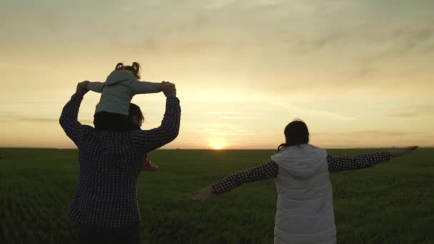 La familia feliz corre en el parque tomados de la mano en el verano al atardecer. Trabajo en equipo. Feliz infancia sana. Mamá, papá e hija están jugando en el campo, el niño está sentado sobre los hombros de los papás, sueña con volar. — Vídeo de stock