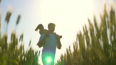 Küçük kız babasının omuzlarında. Bebek ve babası buğday tarlasında seyahat ediyorlar. Çocuk ve ebeveyn doğada oynuyorlar. Mutlu aile ve çocukluk kavramı. Yavaş çekim