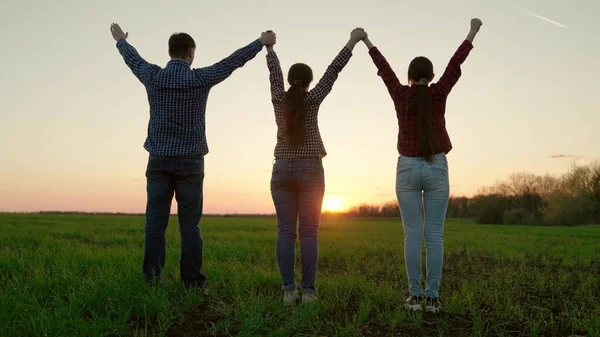 Siluet, Mutlu aile takımı el ele tutuşup ellerini kaldırsın. Ekip çalışması. Gün batımında farklı yaşlarda bir grup insan. Ortaklık ve iş konseptine yardımcı olmak. Aile işi.