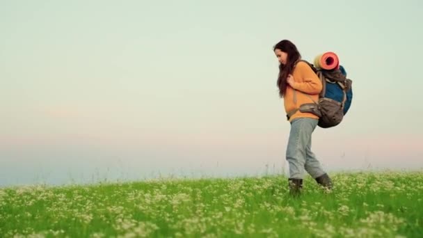 Een actieve jonge blanke vrouw met rugzak gaat wandelen. Girl Traveler reist op groen gras en bloemen, meditatie, ecotoerisme, wandelen. Gratis vrouw reiziger wandelen door het weiland in de zomer. — Stockvideo