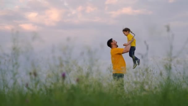 Papà getta la sua figlia felice nel cielo blu nel parco estivo. Padre e bambino giocano, ridono e si abbracciano insieme. Buon viaggio in famiglia. Bambino in braccio ai genitori. Il giorno libero di papà. Famiglia felice — Video Stock