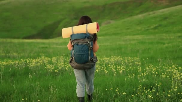 Vrije reiziger vrouw loopt door weide met bloemen in de zomer. Meisje reiziger reist langs helling van groene heuvel, meditatie, ecotoerisme, wandelen. Een actieve jonge vrouw met rugzak gaat wandelen — Stockvideo