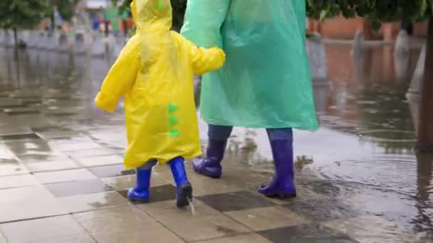 Gelukkige familie op straat loopt door plassen in rubberen laarzen. Kind en zijn moeder lopen samen in regenjassen in het zomerpark in de regen, kind verheugt zich. Kind in plas spetterend water van onder zijn voeten — Stockvideo