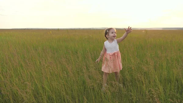 孩子们，夏天在公园里玩耍的女孩们笑着鼓掌。一个幸福的家庭春天的时候，快乐的小女孩带着绿草、儿时的梦想和幻想跑过田野。快乐的孩子在绿草上奔跑 — 图库照片