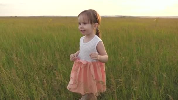Dítě, dívka hrající si v létě v parku se směje a tleská. Šťastnou rodinu. Šťastná holčička běží přes pole se zelenou trávou na jaře, dětskými sny a fantaziemi. Veselý kluk běhá po zelené trávě — Stock video