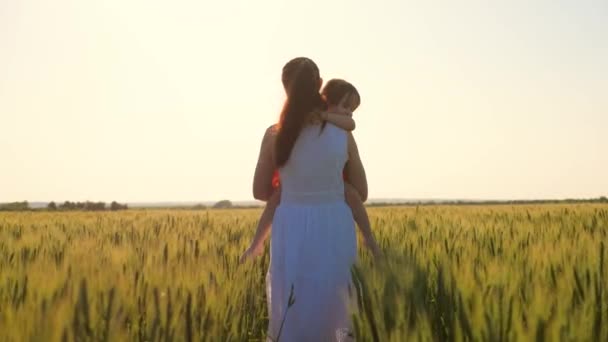 Mulher agricultora e criança no terreno. O miúdo e a mãe andam no campo de trigo. O bebé está nos braços da mãe. Mãe, criança, filha estão andando no campo de trigo verde, abraçando e beijando. Feliz viagem em família. — Vídeo de Stock