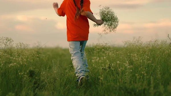 Child running through field of flowers. Happy child girl runs along road in green grass with bouquet of flowers for mom. Joyful, little girl dreams in nature. Childrens fantasies. Happy family, sunset — Stock Photo, Image