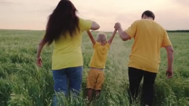 Anne, baba ve oğul yeşil buğday tarlasında oynuyorlar, mutlu bir çocuk ebeveynlerin elini tutuyor ve zıplıyor. Mutlu aile bahar ve yaz aylarında el ele tutuşarak koşar. Takım çalışması. Aile hafta sonu