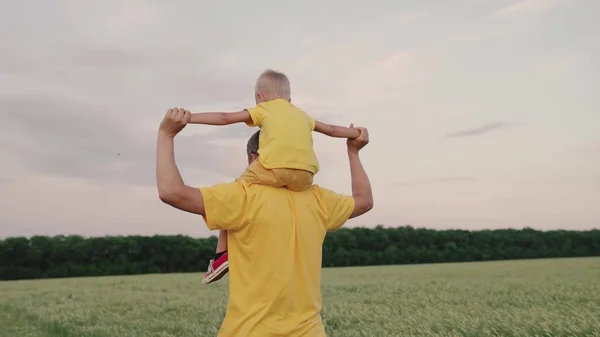 Papai brinca com seu filho, carrega ombros de seu filho amado no verão no campo. A família feliz está a brincar no parque. Pai caminha com o bebê em seus ombros, levantando os braços e voando como avião. — Fotografia de Stock