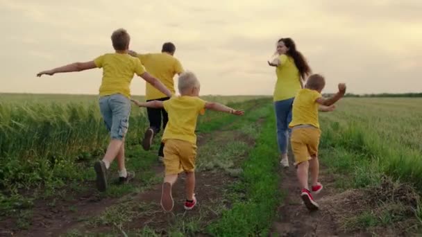 Šťastný rodinný tým, který běží společně v terénu a radostně mává rukama. Synové, děti, máma, táta utíkají, hrají si, radují se, užívají si v létě přírodu. Rodinná týmová práce. Skupina lidí různého věku — Stock video