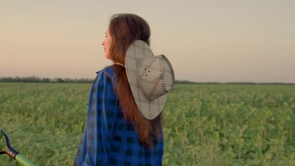 La campesina con la pala en las manos pasa por el campo desde el trabajo. Negocios agrícolas, agricultura. Trabajador con una pala. Un agrónomo camina por la plantación al atardecer. Cultivo de hortalizas — Vídeos de Stock