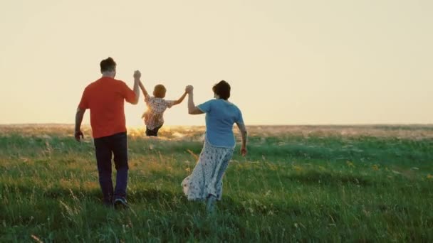 Baba, oğul, anne, birlikte oynayın, koşun, mutlu çocuk ebeveynlerin elini tutuyor, çocuk yeşil çimlerin üzerinde zıplıyor. Aile baharda gün batımında parkta yürür, sağlıklı bir çocukluk. Yazın aile hafta sonu doğada — Stok video