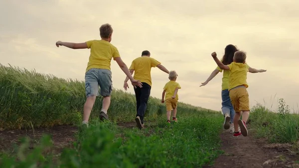 Söner, barn, mamma, pappa springer, leker, gläds, njuter av naturen på sommaren. Familjelag. Glad familj team, kör tillsammans i fält, gladeligen viftar med händerna. Grupper av människor i olika åldrar — Stockfoto