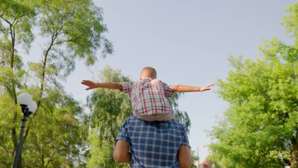 Vader loopt met zijn zoon op zijn schouders in het stadspark in de zomer. Gelukkige familie. In het voorjaar speelt papa met kind, kind en vader buiten. Kind en ouder, buitenrecreatie, teamwork. — Stockvideo