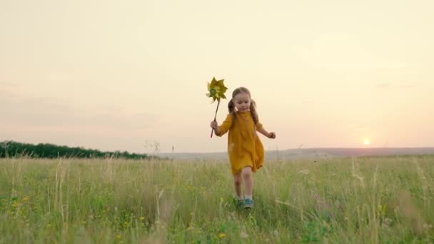 Mała dziewczynka, córka biegnie z wiatrakiem w ręku na letnim polu o zachodzie słońca. Rodzinne wakacje w przyrodzie. Szczęśliwe dziecko bawiące się turbiną na świeżym powietrzu w parku wiosennym. Dzieciństwo, dzieci — Wideo stockowe