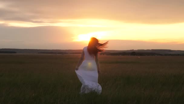 Krásná dívka v bílých šatech tančí v létě venku v paprscích západu slunce. Mladá žena vyjadřující lásku a sny prostřednictvím tance. Volný dívka s dlouhými vlasy v bílé košili je tanec v paprscích slunce — Stock video