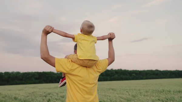 Tata bawi się z synem, nosi ramiona ukochanego dziecka latem na boisku. Szczęśliwa rodzina bawi się w parku. Ojciec chodzi z dzieckiem na ramionach, podnosząc ręce i latając jak samolot.. — Zdjęcie stockowe